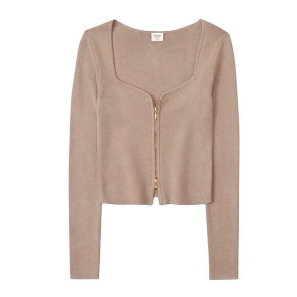 Abercrombie & Fitch Zip Up Notch Neck Slim Top size XL Tan - Picture 1 of 10